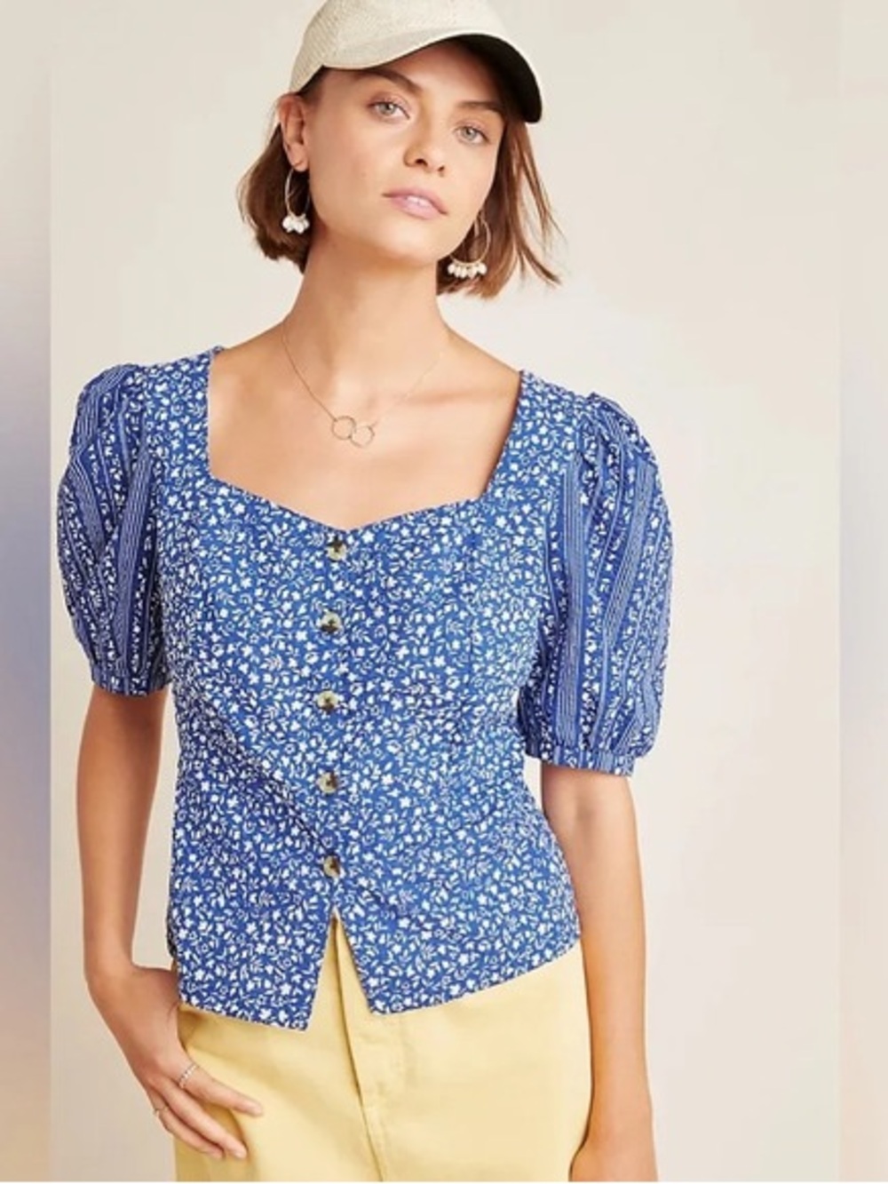 Maeve by Anthropologie Blue White Floral Puff Sleeve Button Front Top 0